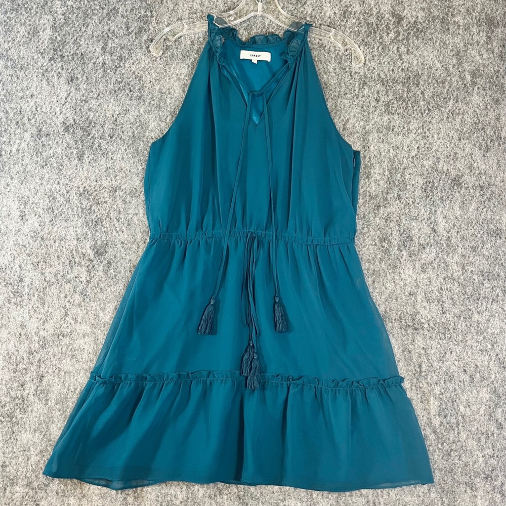 LIKELY Mini Dress Womens 4 Teal Halter V-Neck Ruffle Boho Chic Chiffon Cocktail - Picture 1 of 10